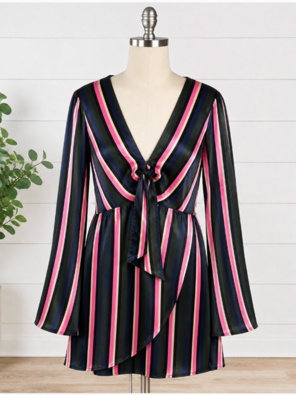 TOPSHOP Striped Satin Knot Front Bell Sleeve Mini Dress Size 10 NWT